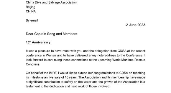 IMRF Congratulatory Letter on CDSA's 15th Anniversary