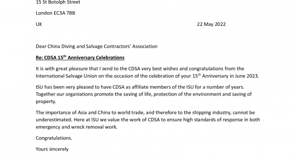ISU Congratulatory Letter on CDSA's 15th Anniversary